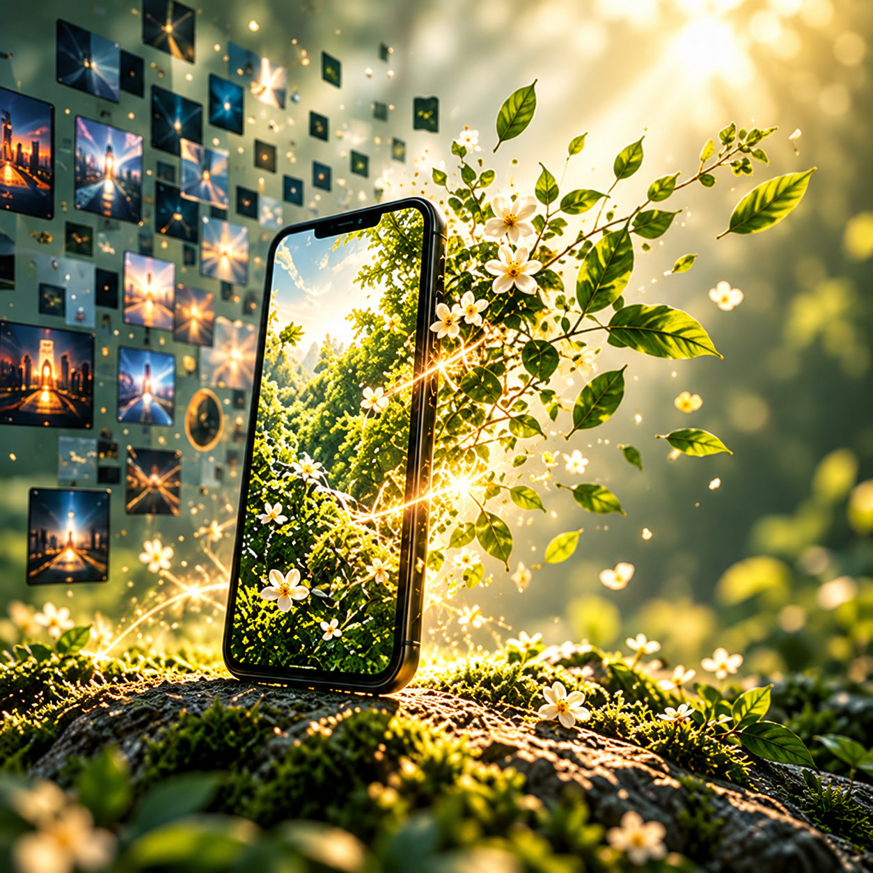 Téléphone entouré d’images numériques laissant place à une végétation lumineuse